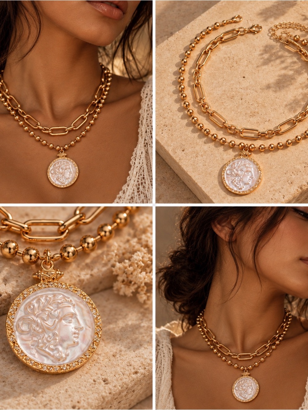 Gold Layered Chain Pearl Coin Medallion Statement Necklace